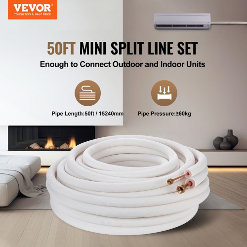 50FT Mini Split Line Set 14 12 OD Copper Pipes Tubing and TripleLayer Insulation