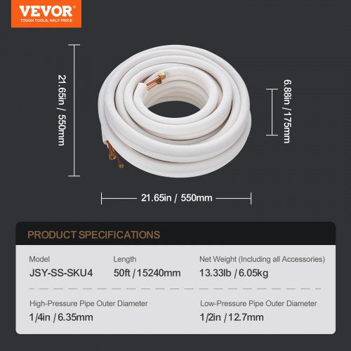 50FT Mini Split Line Set 14 12 OD Copper Pipes Tubing and TripleLayer Insulation