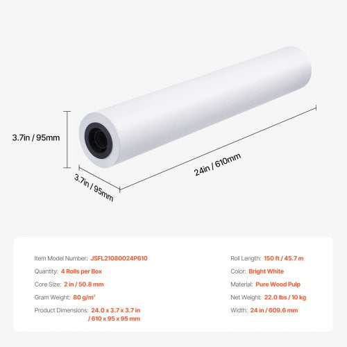 Wide Format Paper 24 in x 150 ft Plotter Paper 4 Rolls CAD Bond Rolls with 2