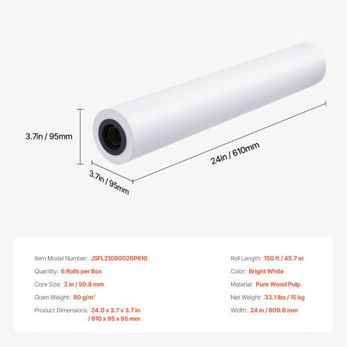 Wide Format Paper 24 in x 150 ft Plotter Paper 6 Rolls CAD Bond Rolls with 2