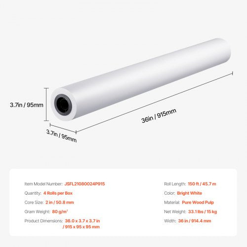 Wide Format Paper 36 in x 150 ft Plotter Paper 4 Rolls CAD Bond Rolls with 2