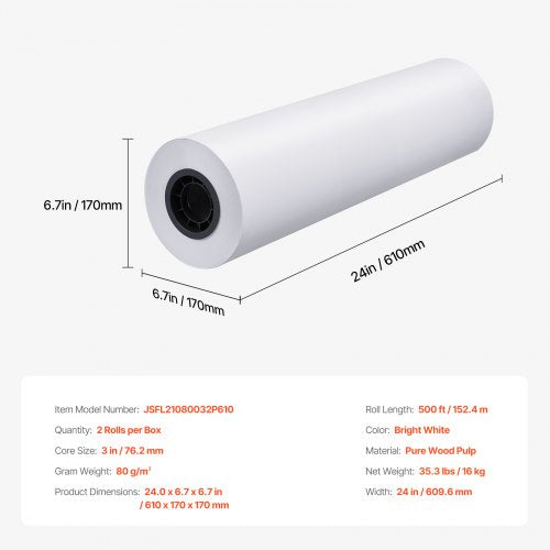 Wide Format Paper 24 in x 500 ft Plotter Paper 2 Rolls CAD Bond Rolls with 3