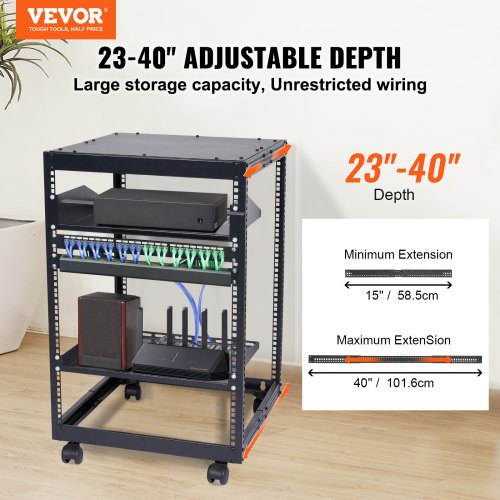 15U Open Frame Server Rack 2340 in Adjustable Depth Free Standing or Wall