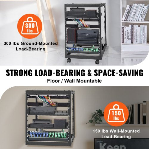 15U Open Frame Server Rack 2340 in Adjustable Depth Free Standing or Wall
