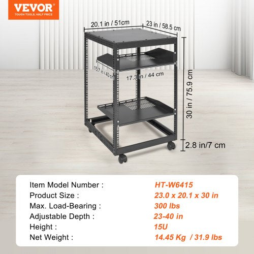 15U Open Frame Server Rack 2340 in Adjustable Depth Free Standing or Wall