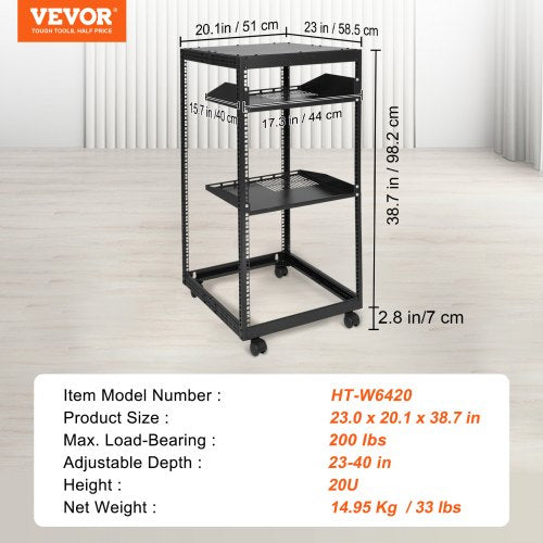 20U Open Frame Server Rack 2340 in Adjustable Depth Free Standing or Wall