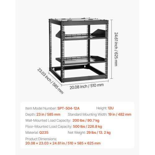 12U Open Frame Network Rack 23 in Depth Wall Mounted or Floor Standing