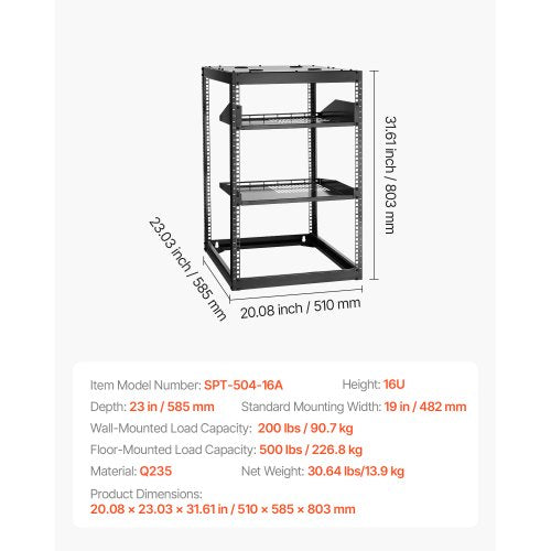 16U Open Frame Network Rack 23 in Depth Wall Mounted or Floor Standing
