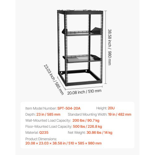 20U Open Frame Network Rack 23 in Depth Wall Mounted or Floor Standing