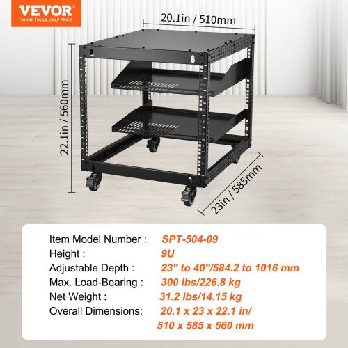 9U Open Frame Server Rack 2340 Adjustable Depth Free Standing or Wall