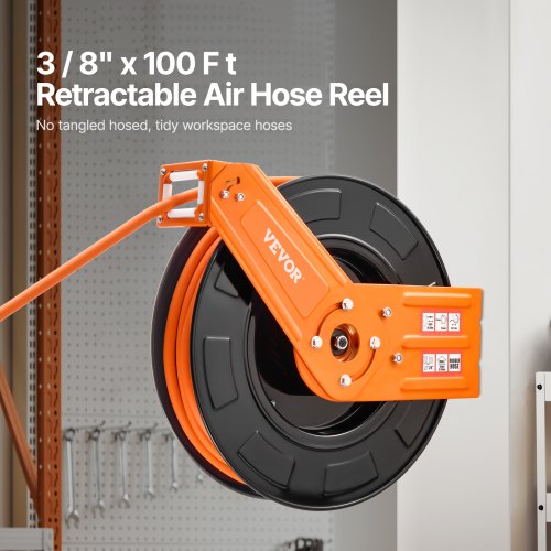 Retractable Air Hose Reel 3/8 IN x 100FT Rubber Air Hose Max 300PSI Air