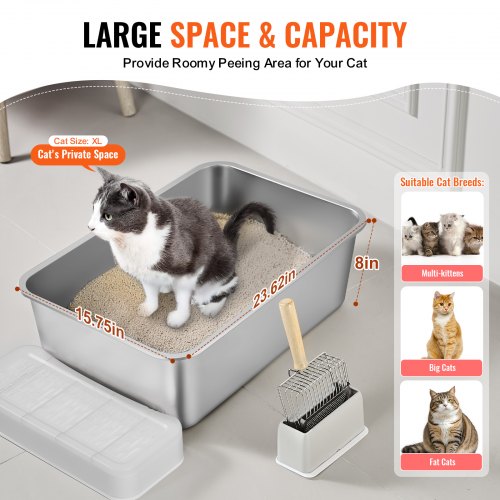 Cat Litter Box 8 inches Deep XL Extra Large Stainless Steel Cat Litter Box