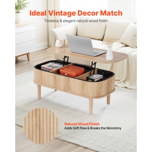 39.4 in Lift Top Coffee Table Fluted Oval Coffee Table with 3 Hidden 1
