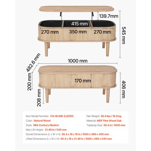 39.4 in Lift Top Coffee Table Fluted Oval Coffee Table with 3 Hidden 1