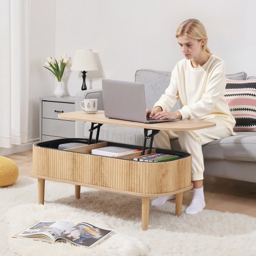 39.4 in Lift Top Coffee Table Fluted Oval Coffee Table with 3 Hidden 1