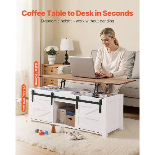47.2 in Farmhouse Lift Top Coffee Table Rustic Center Table with Barn Door