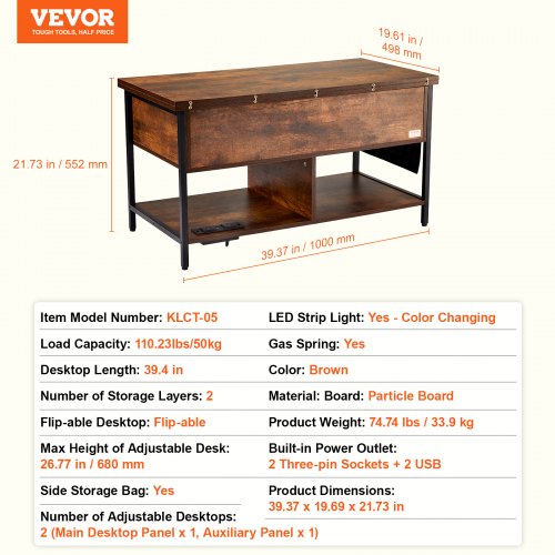 Lift Top Coffee Table 39.4 in Rectangle Coffee Table with Extra Storage