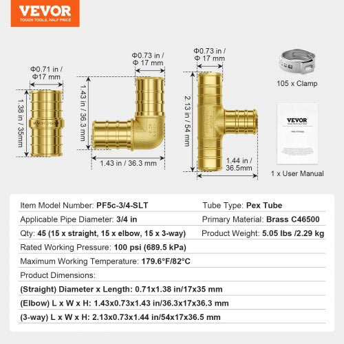 Pipe Fittings 34 45PCS 15xStraight 15xElbows 15xTees Brass Pipe