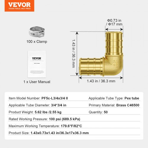 Pipe Fittings 34 50PCS Brass Pipe Fittings Clampstyle Elbows Pipe