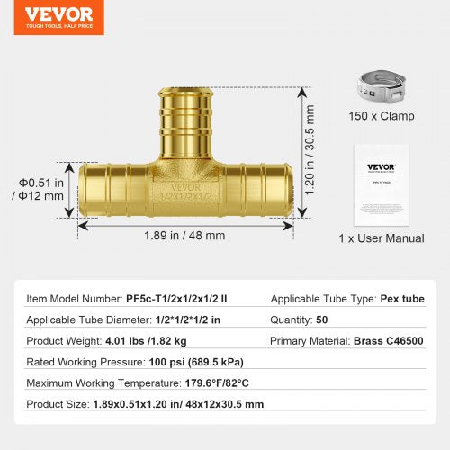 Pipe Fittings 12 50PCS Brass Pipe Fittings Clampstyle Tee Pipe