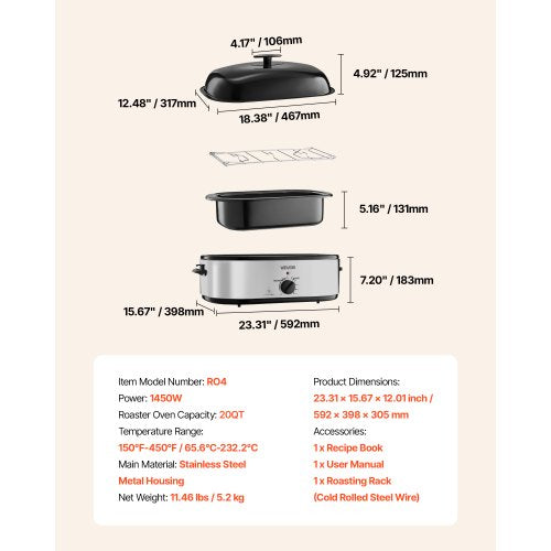 Roaster Oven 20QT Electric Roasting Pan 150450 Adjustable Temperature