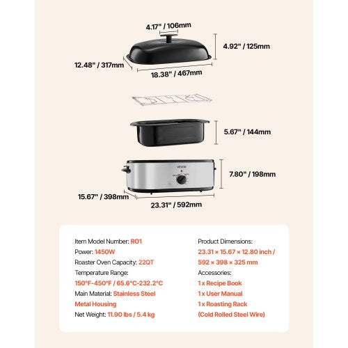 Roaster Oven 22QT Electric Roasting Pan 150450 Adjustable Temperature