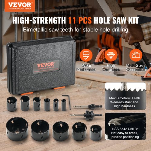 Hole Saw Kit 11 PCS Saw Blades 2 Drill Bits 1 Hex Wrench General Purpose