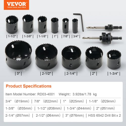 Hole Saw Kit 11 PCS Saw Blades 2 Drill Bits 1 Hex Wrench General Purpose