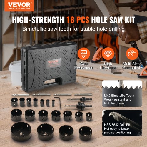 Hole Saw Kit 18 PCS Saw Blades 6 Drill Bits 1 Hex Wrench General Purpose