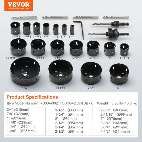 Hole Saw Kit 18 PCS Saw Blades 6 Drill Bits 1 Hex Wrench General Purpose