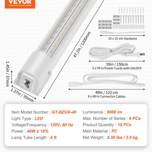 10 Pack LED Shop Light 4 FT 40W Linkable Shop Light Fixture 6500 LM