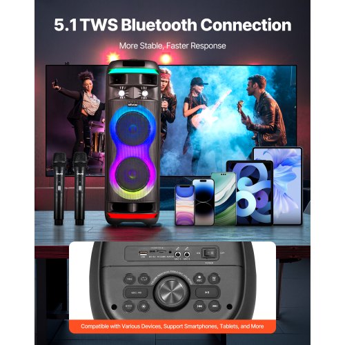 Karaoke Machine for Adults 80W 8inch Portable Bluetooth Speaker with 2