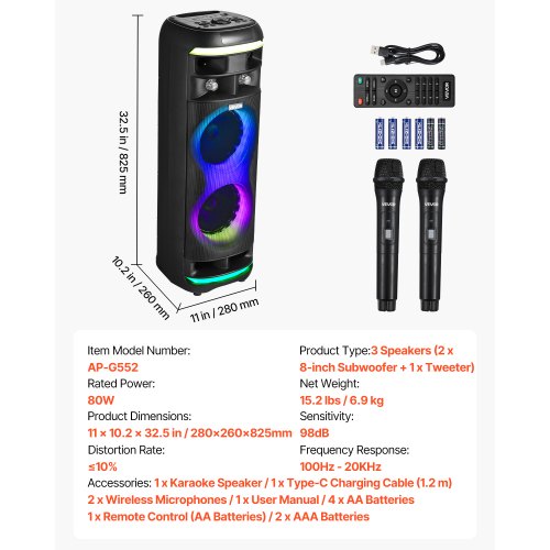 Karaoke Machine for Adults 80W 8inch Portable Bluetooth Speaker with 2