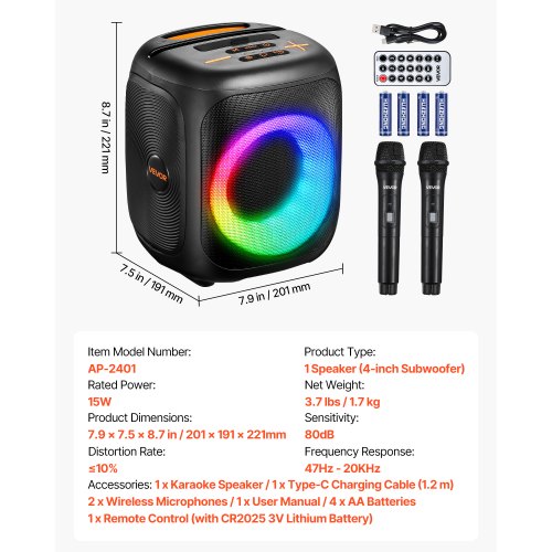 Karaoke Machine for Adults 15W 4inch Portable Bluetooth Speaker with 2