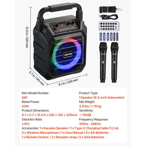 Karaoke Machine for Adults 20W 65inch Portable Bluetooth Speaker with 2