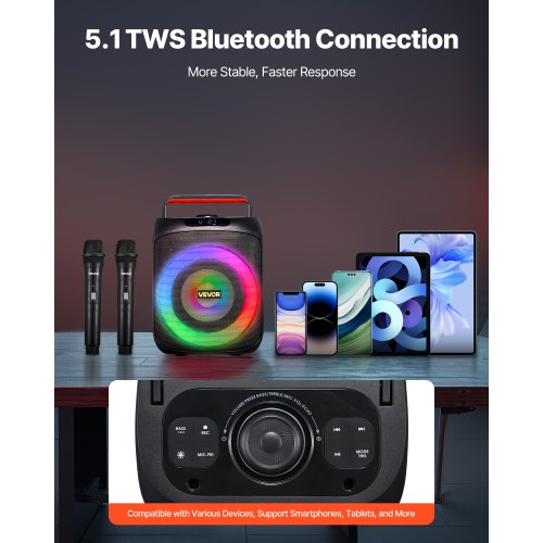 Karaoke Machine for Adults 30W 65inch Portable Bluetooth Speaker with 2