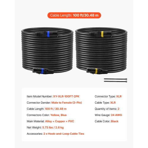 XLR Cable 100 ft 2 Pack Shielded Balanced DMX Male to Female Microphone