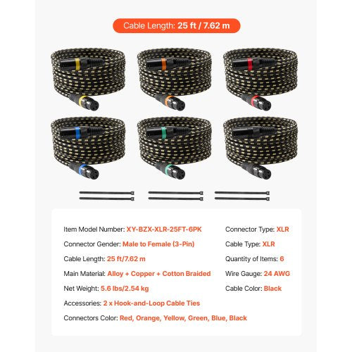 XLR Cable 25 ft 6 Pack Shielded Balanced DMX Male to Female Microphone
