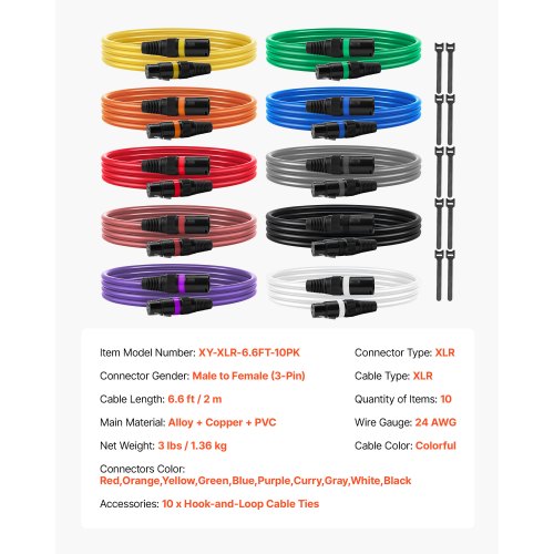 XLR Cable 6.5 ft 10 Pack Shielded Balanced DMX Male to Female Microphone