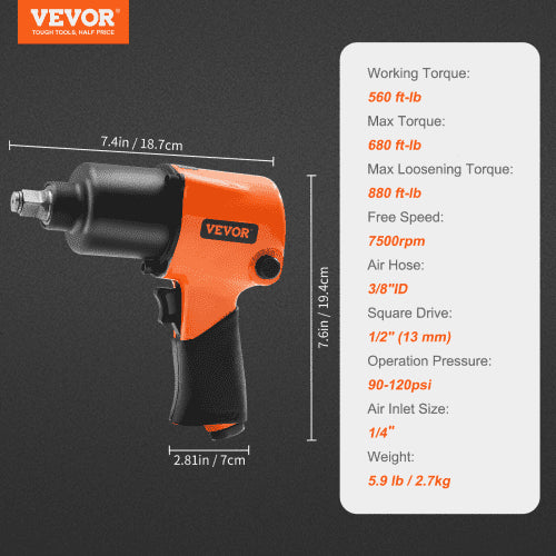 Air Impact Wrench 1/2" Drive Air Impact Gun Up to 880ftlbs Nutbusting