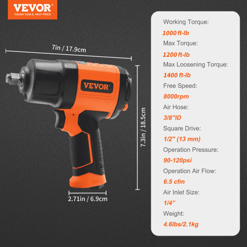 1/2 Inch Air Impact Wrench High Torque Up to 1400 ft-lbs Lightweight