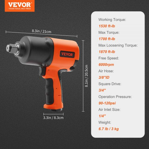 Air Impact Wrench 34Inch Drive Air Impact Gun Up to 1870ftlbs