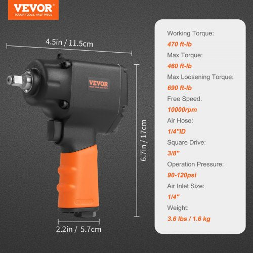 Air Impact Wrench 3/8 Inch Drive Air Impact Gun Up to 690ftlbs