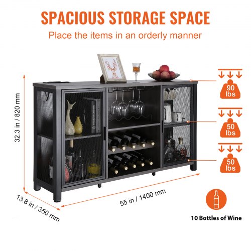 47 Inch Industrial Bar Cabinet Wine Table for Liquor Glasses Sideboard