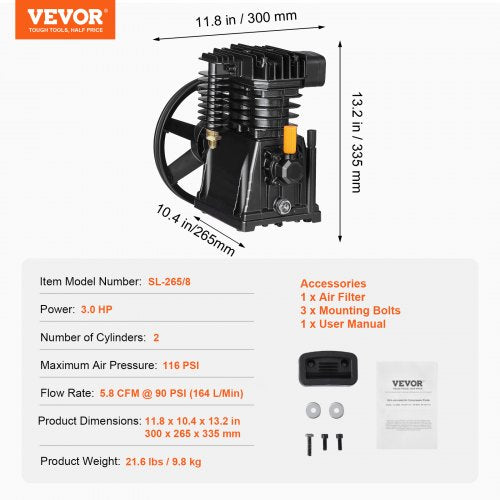 Air Compressor Pump Head 3HP 58CFM 90PSI Twin Cylinder Oil Lubricated