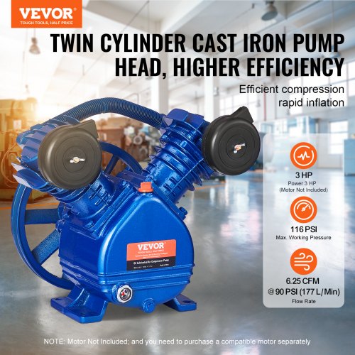 Air Compressor Pump Head 3HP 625CFM 90PSI Twin Cylinder Oil Lubricated