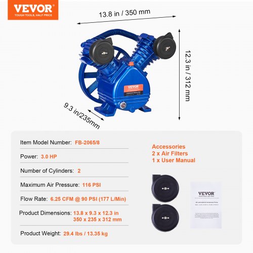Air Compressor Pump Head 3HP 625CFM 90PSI Twin Cylinder Oil Lubricated