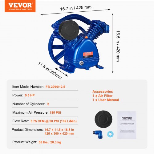 Air Compressor Pump Head 5.5HP 575CFM 90PSI 2Cylinder Piston Pump Head