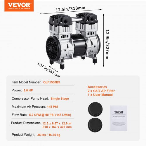 Air Compressor Motor 2HP 52CFM 90PSI Oil Free Air Compressor Pump Max