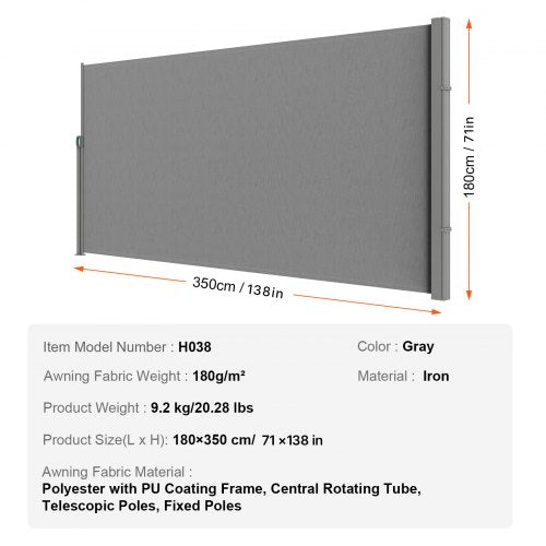 Retractable Side Awning 71x 138 Outdoor Privacy Screen 180g Polyester